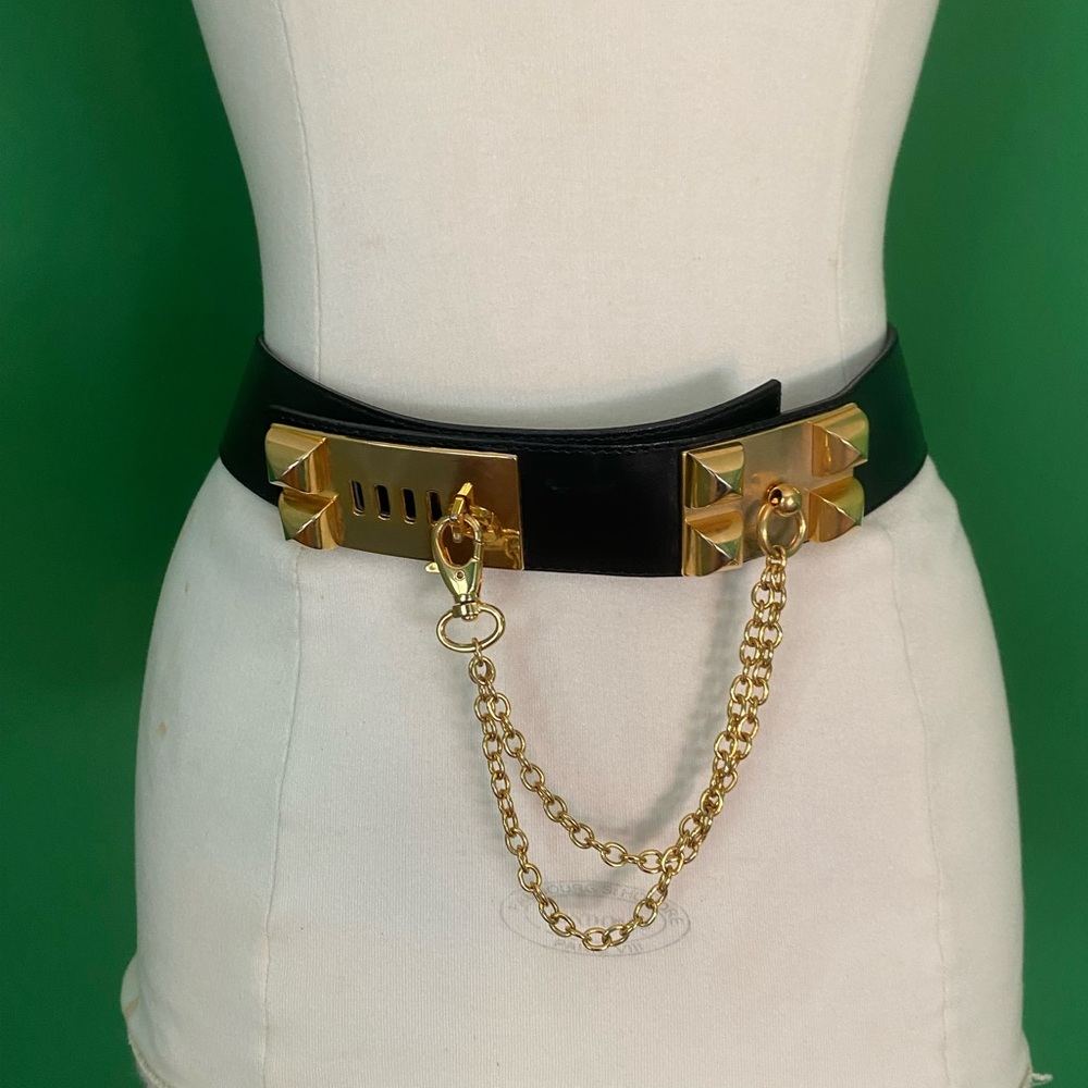 Vintage 90s Express Black Leather Chain Accent Waist Belt Gold Hardware Italy